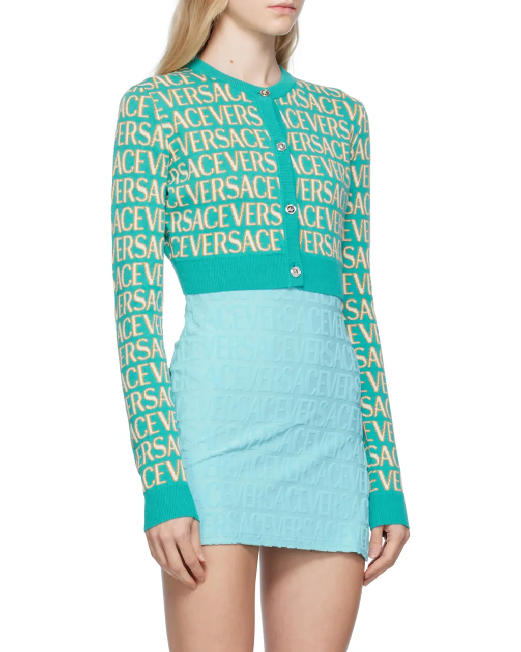 Allover Logo-Jacquard Button-Up Cropped Cardigan