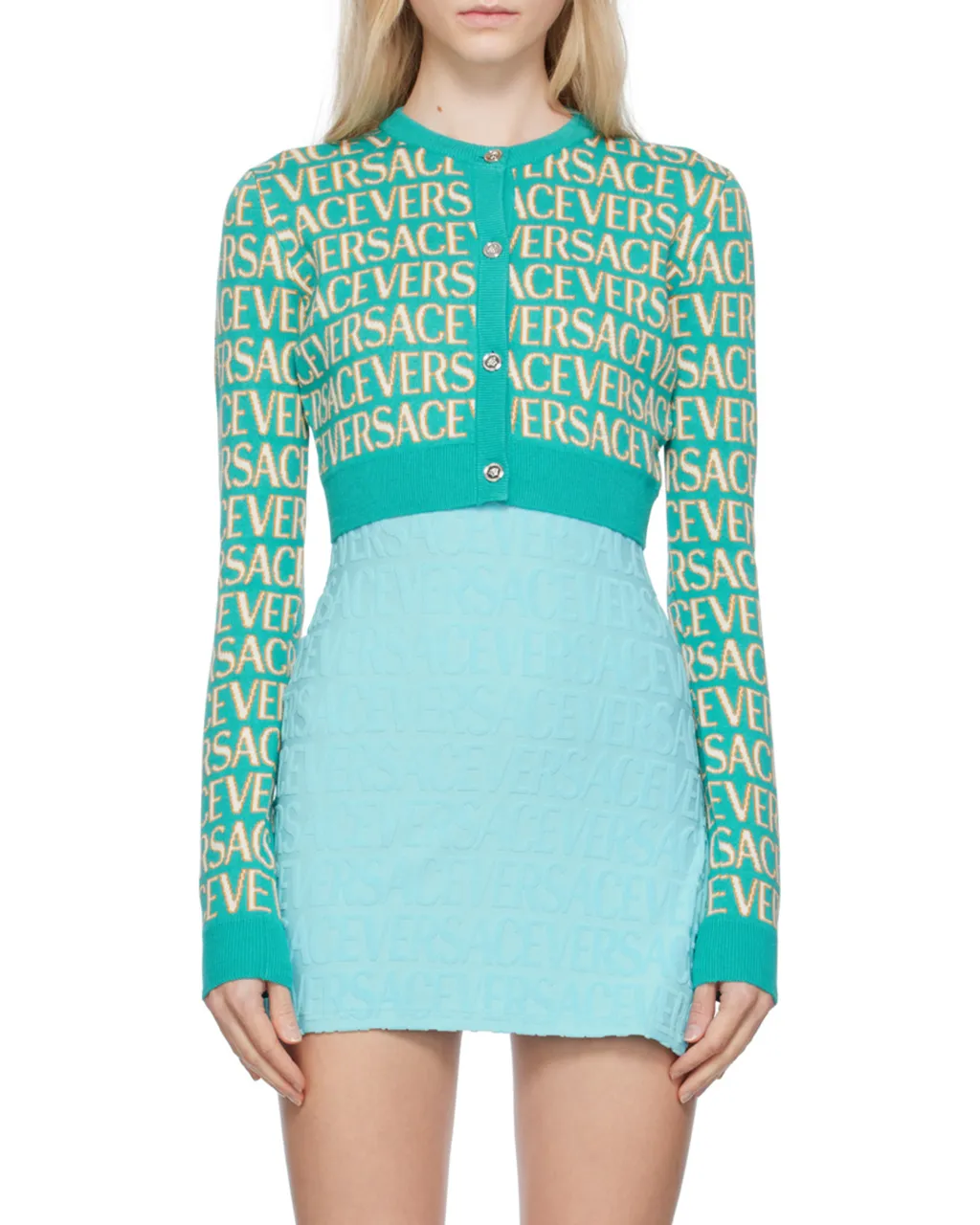 Allover Logo-Jacquard Button-Up Cropped Cardigan
