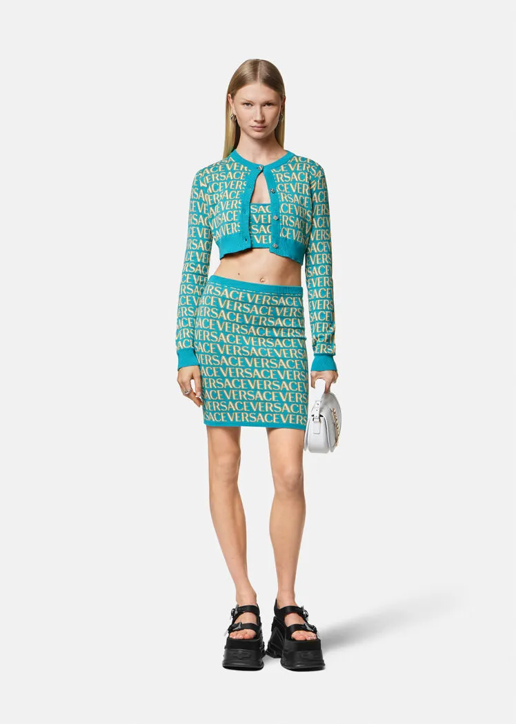 Allover Logo-Jacquard Button-Up Cropped Cardigan