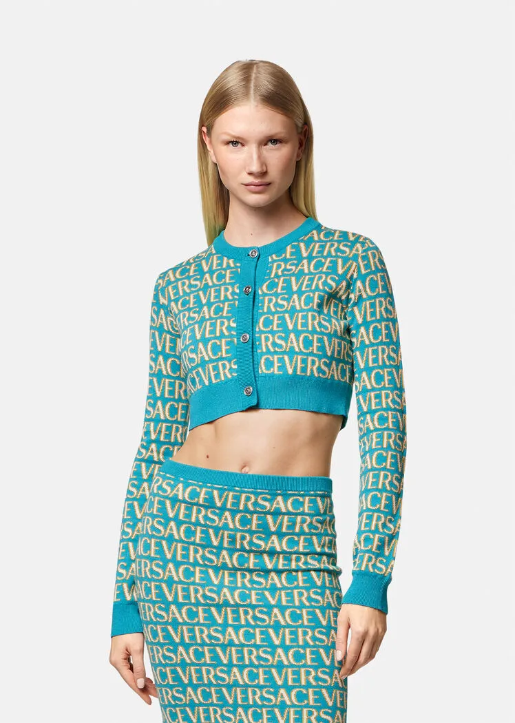 Allover Logo-Jacquard Button-Up Cropped Cardigan