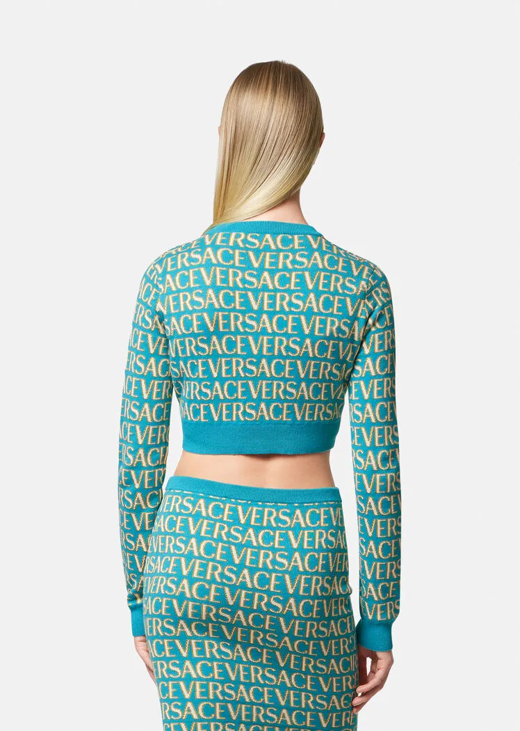 Allover Logo-Jacquard Button-Up Cropped Cardigan