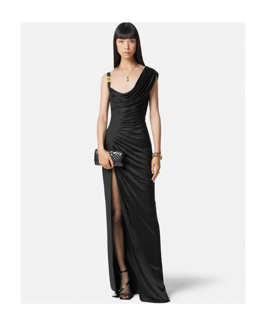 Medusa Head Logo Plaque Side-Slit Maxi Dress