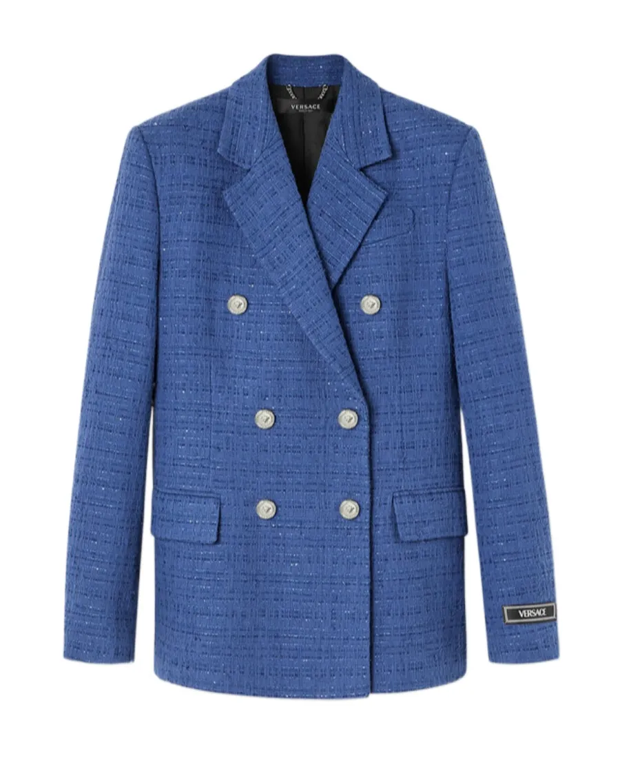 Metallic-Threading Double-Breasted Tailored Blazer