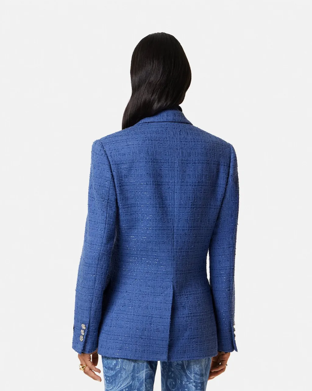 Metallic-Threading Double-Breasted Tailored Blazer