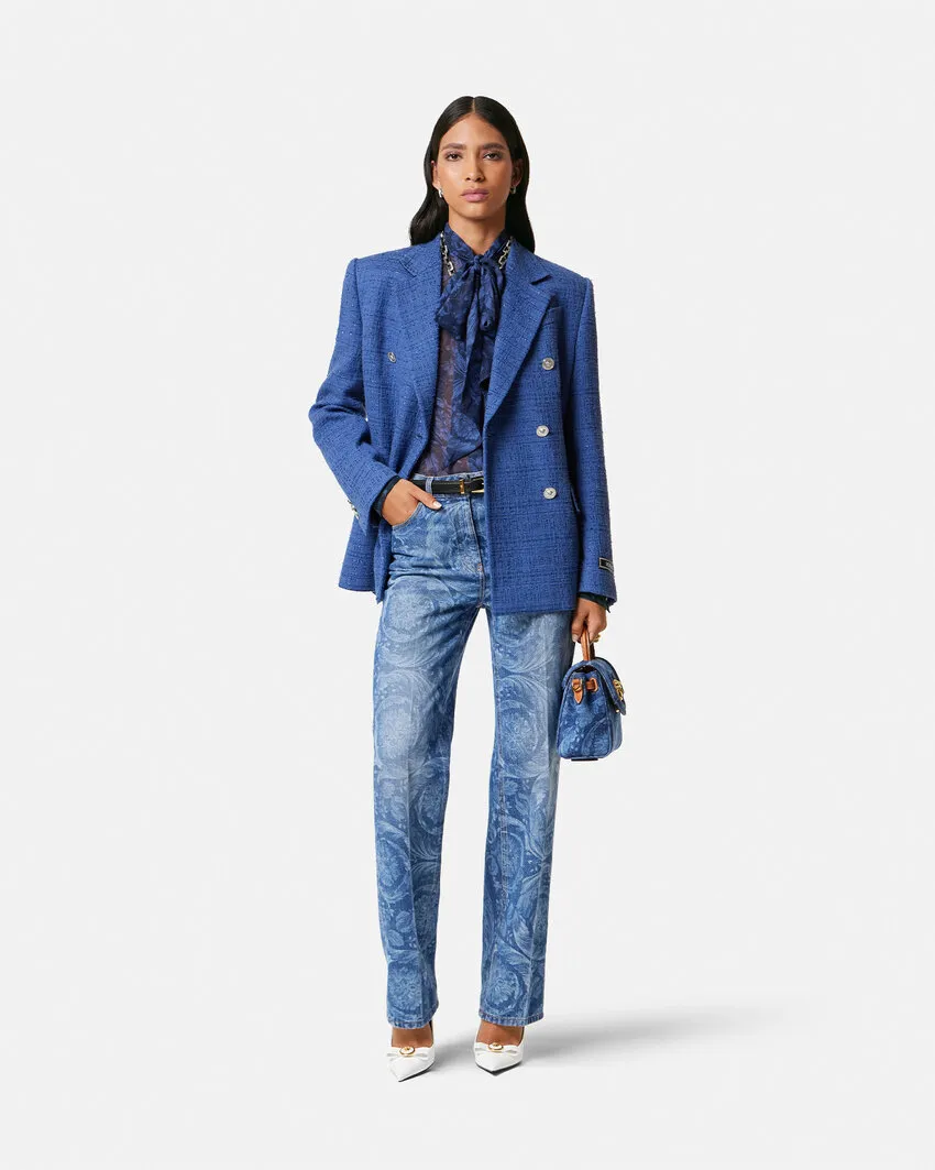 Metallic-Threading Double-Breasted Tailored Blazer