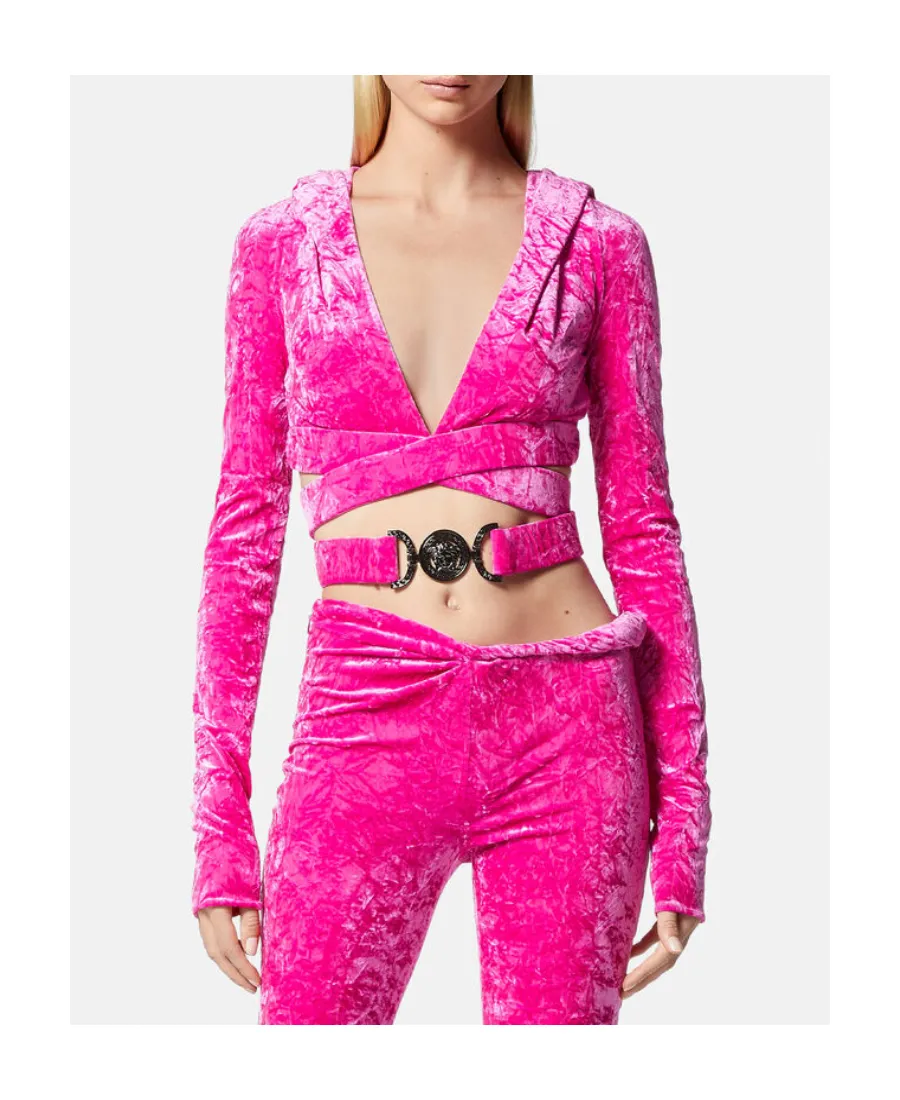 Medusa Plaque Crossover Velvet Top