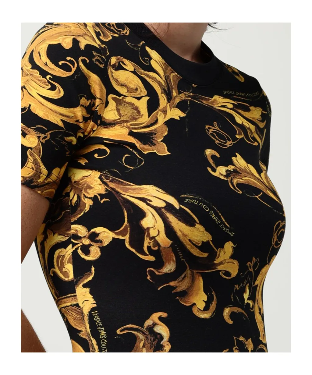 Baroque-Print Short-Sleeve Mini Dress
