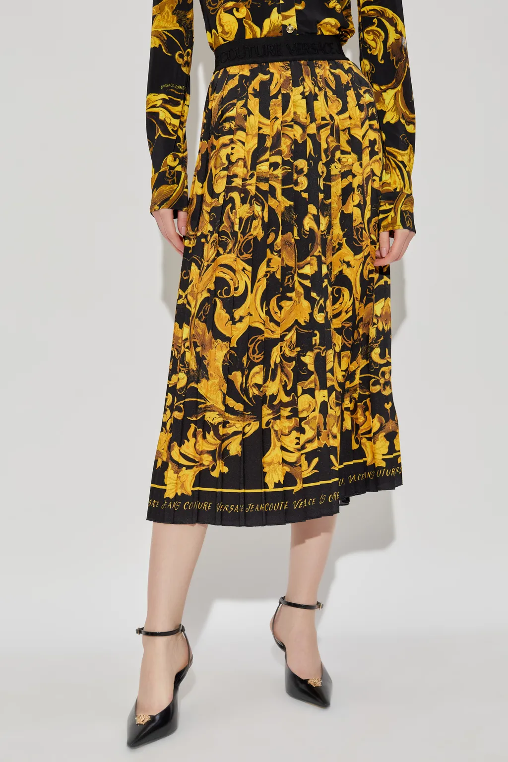 Baroque Print Pleated Midi Skirt