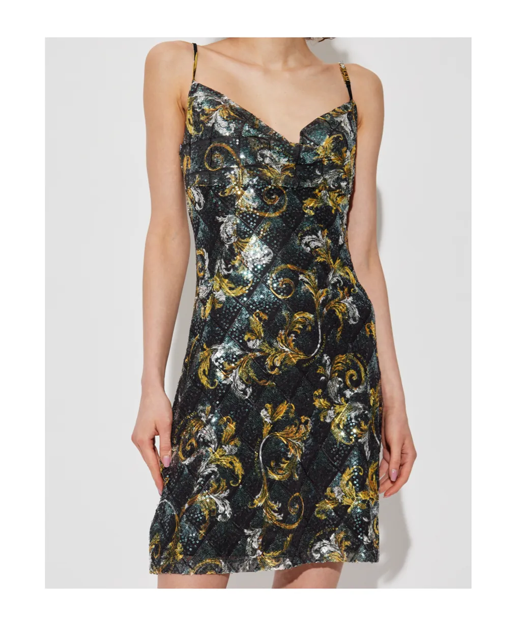 Barocco Pattern Sequin Embellished Mini Dress