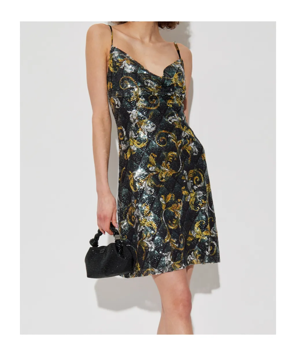 Barocco Pattern Sequin Embellished Mini Dress