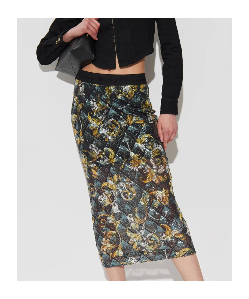 Barocco Pattern Sequin Embellished Midi Skirt