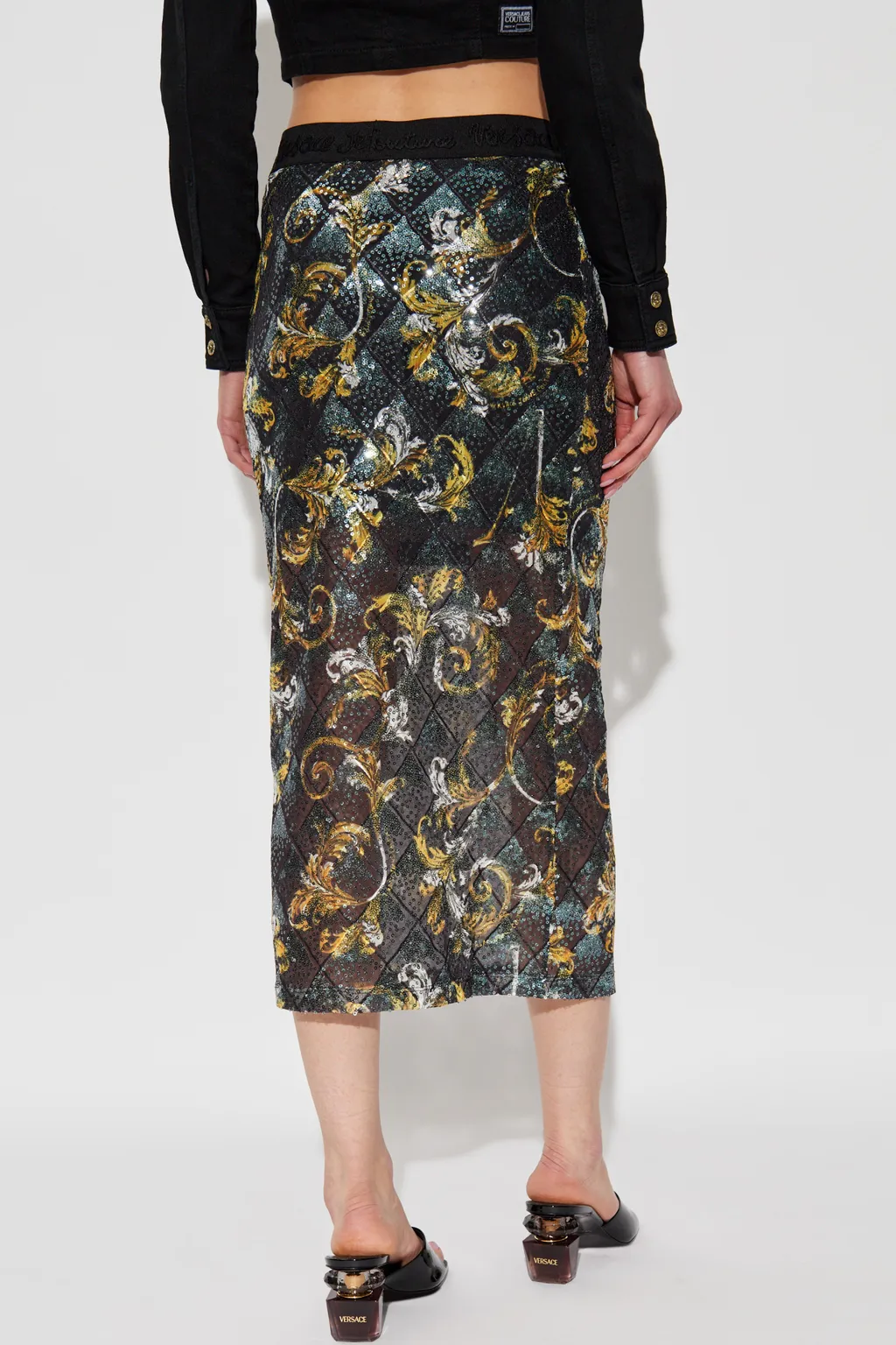 Barocco Pattern Sequin Embellished Midi Skirt