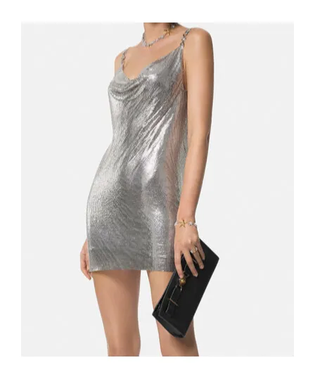 Cowl-Neck Spaghetti Strap Mesh Mini Dress