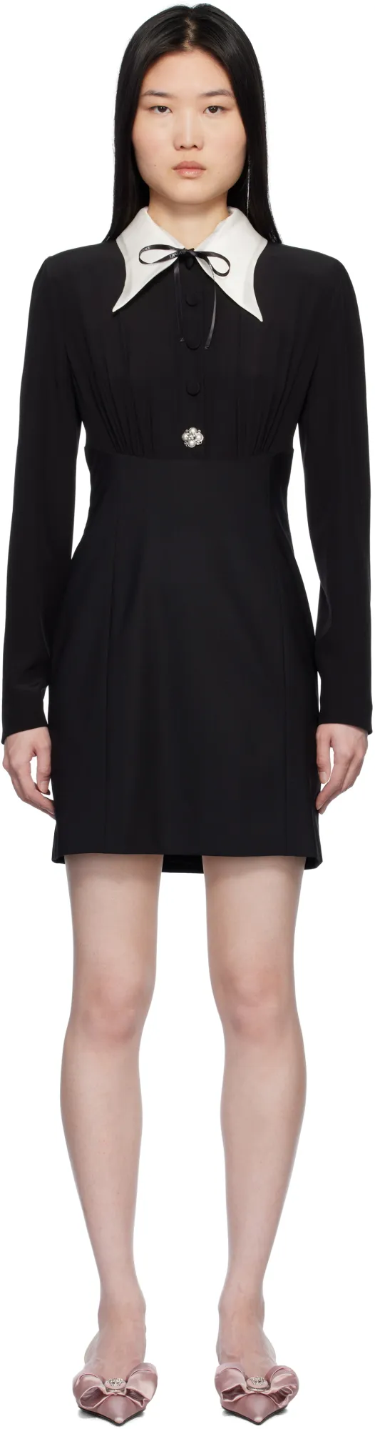 Pearl-Detailed Long-Sleeved Mini Dress