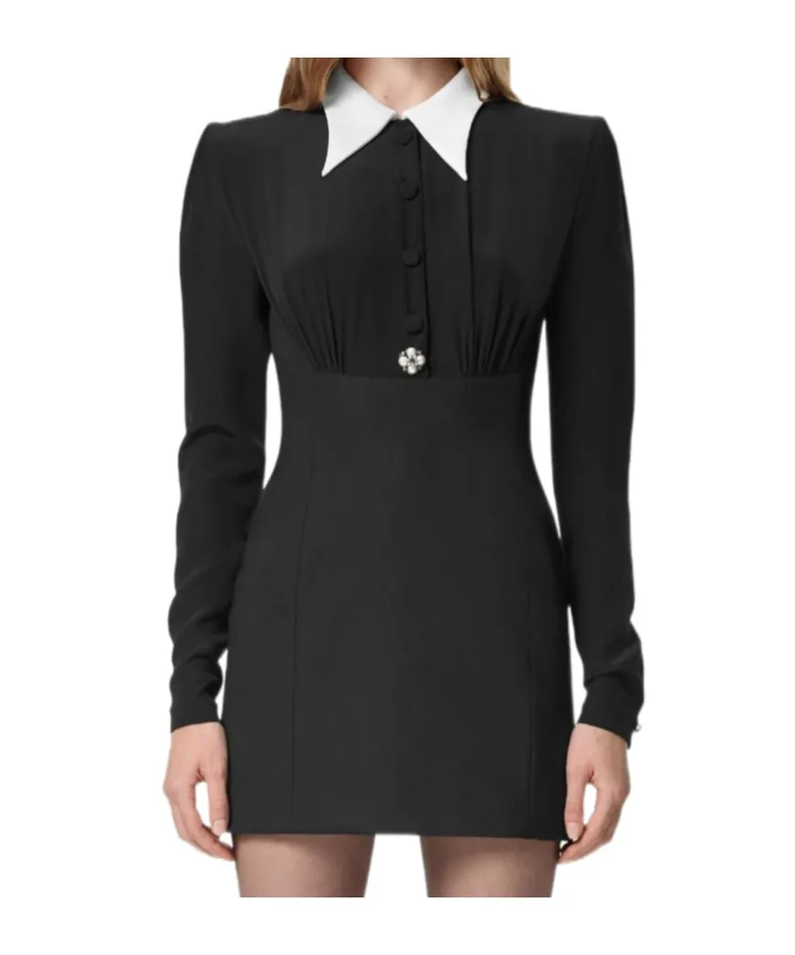 Pearl-Detailed Long-Sleeved Mini Dress