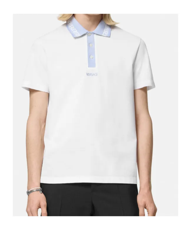 Greca-Collar Short-Sleeved Polo Shirt
