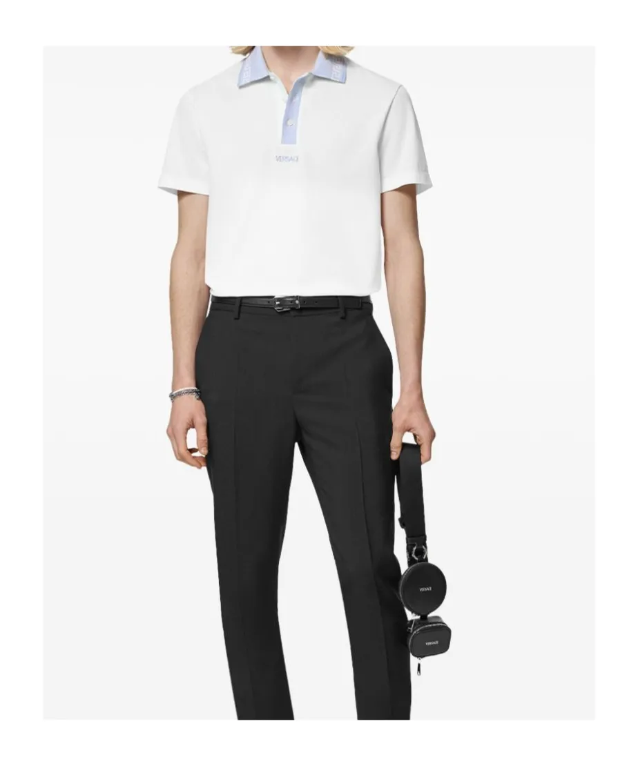 Greca-Collar Short-Sleeved Polo Shirt