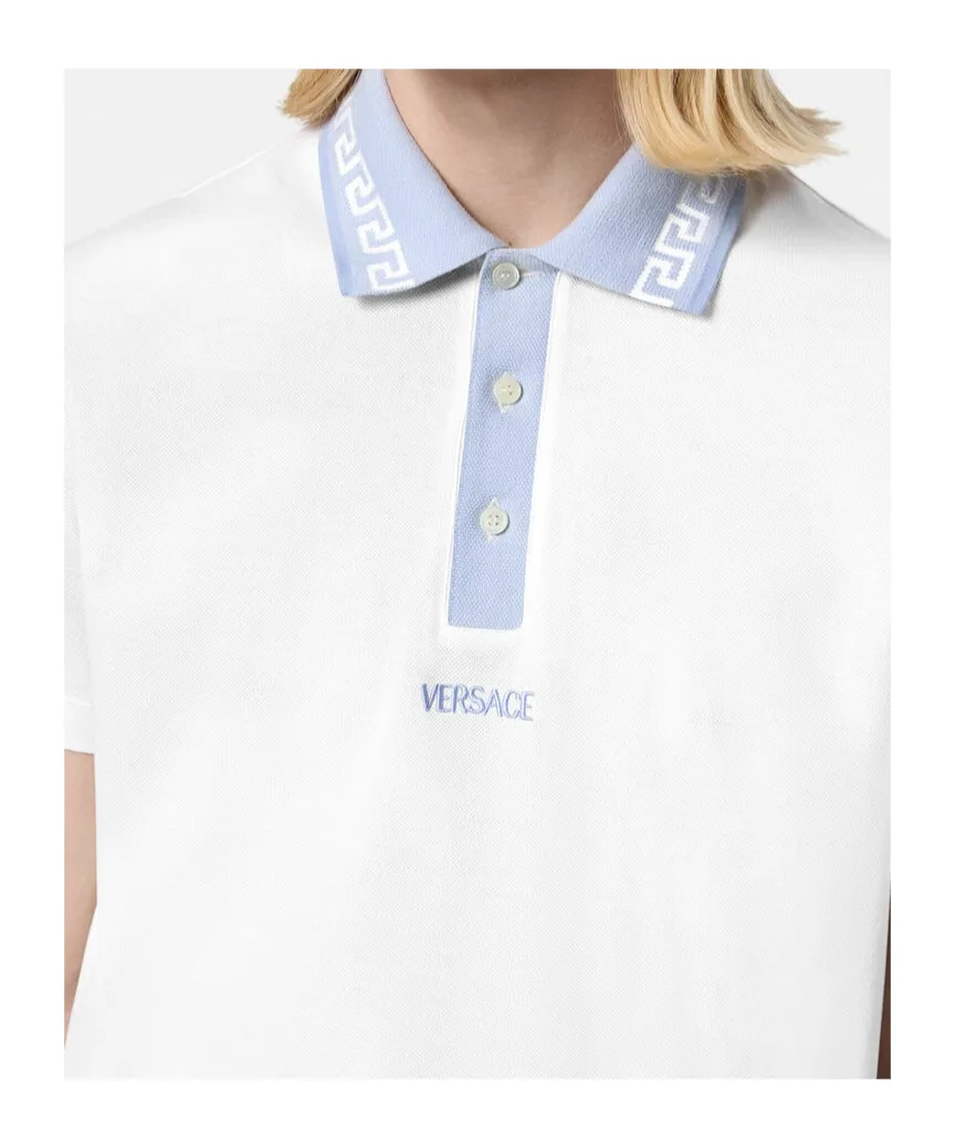 Greca-Collar Short-Sleeved Polo Shirt