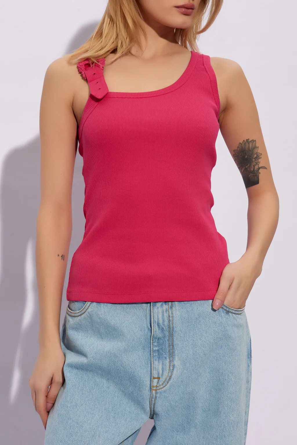 Buckle-Embellished Ribbed Tank Top