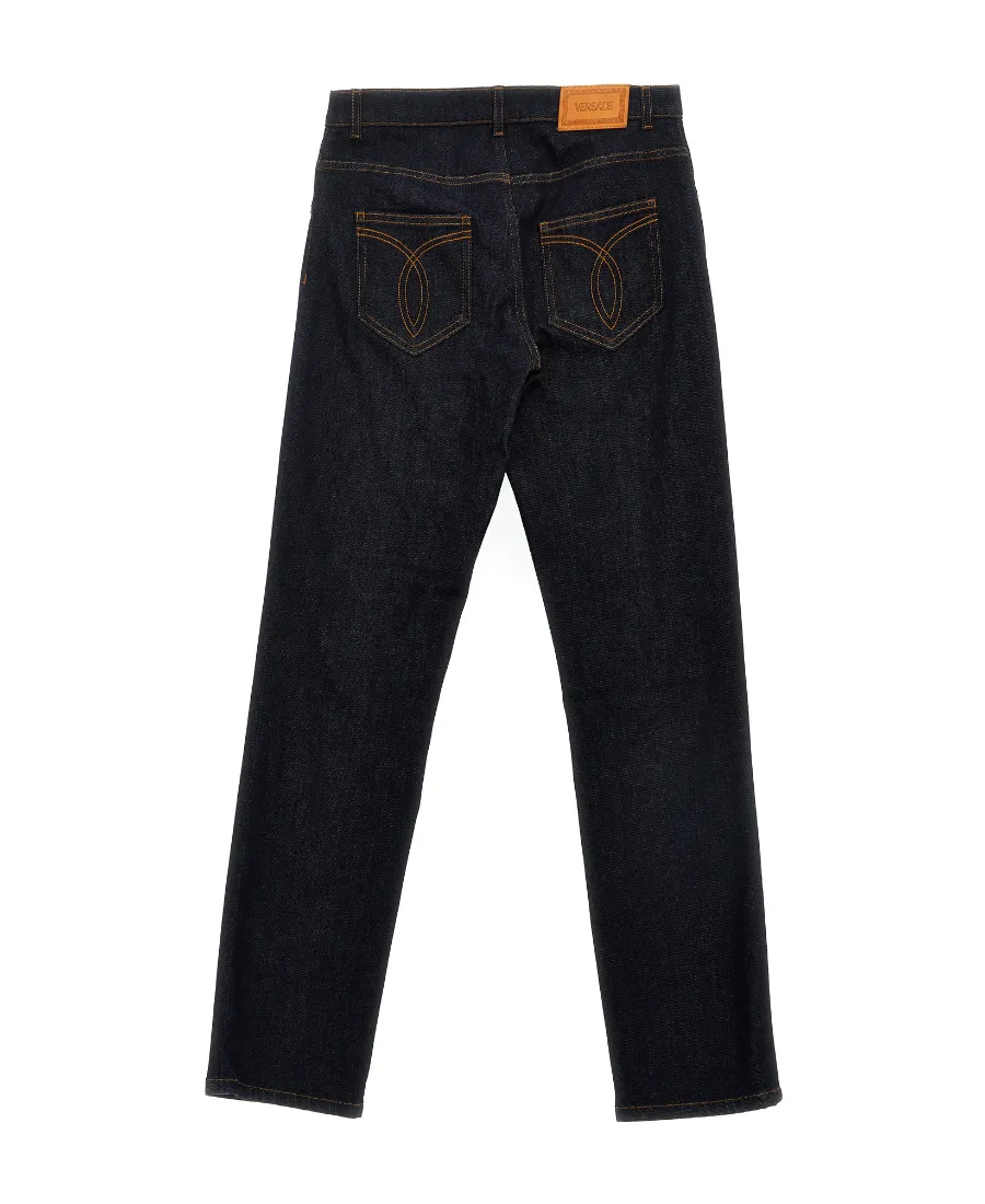 Medusa-Plaque Straight-Leg Slim-Cut Jeans
