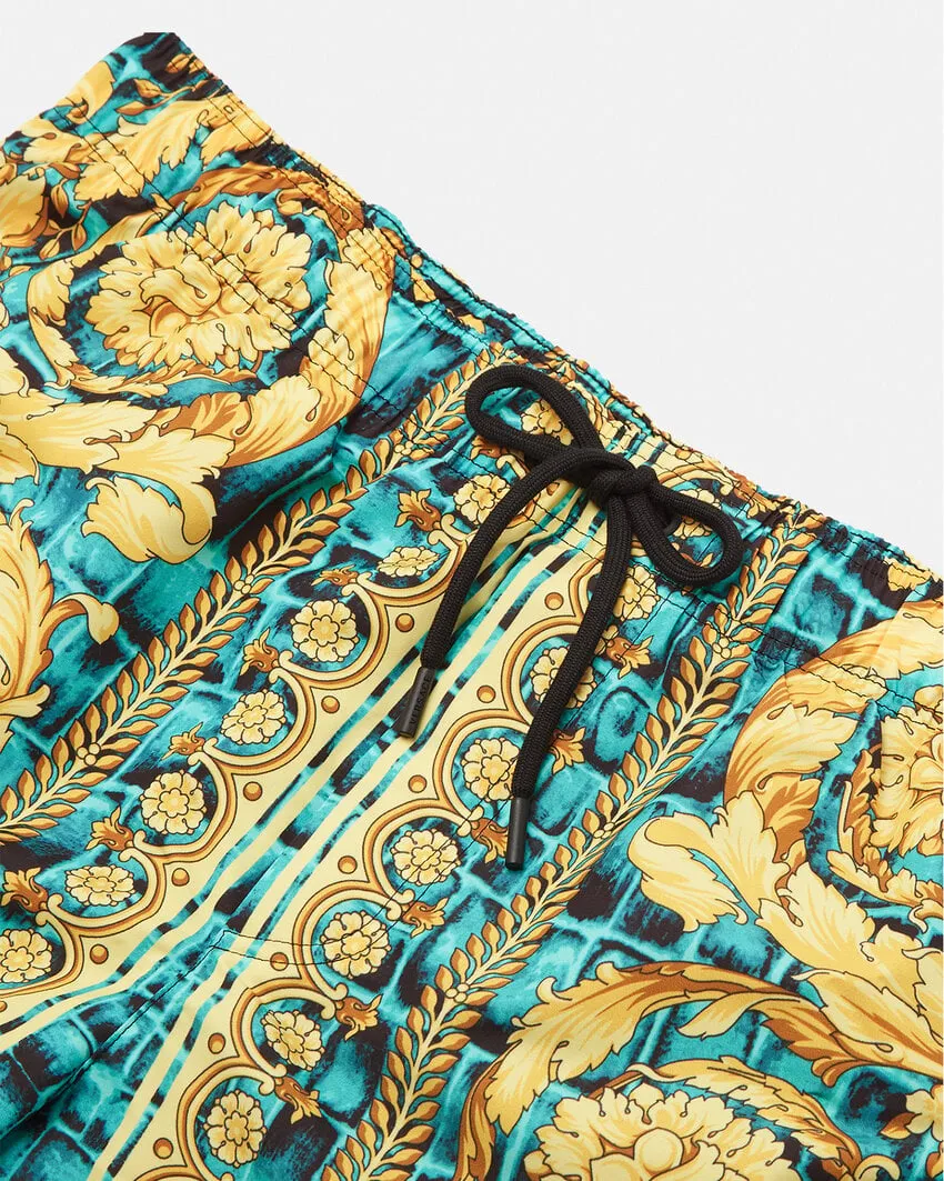 Pattern-Printed Drawstring Swim Shorts