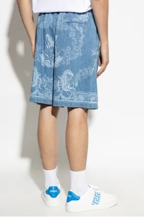 Pattern-Printed Drawstring Denim Shorts