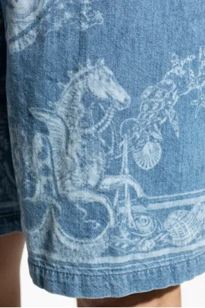Pattern-Printed Drawstring Denim Shorts