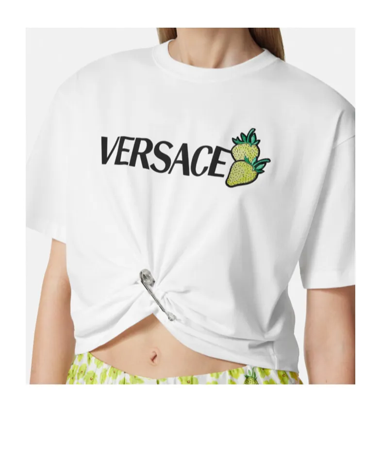 Strawberry-Motif Safety-Pin Detailed T-Shirt