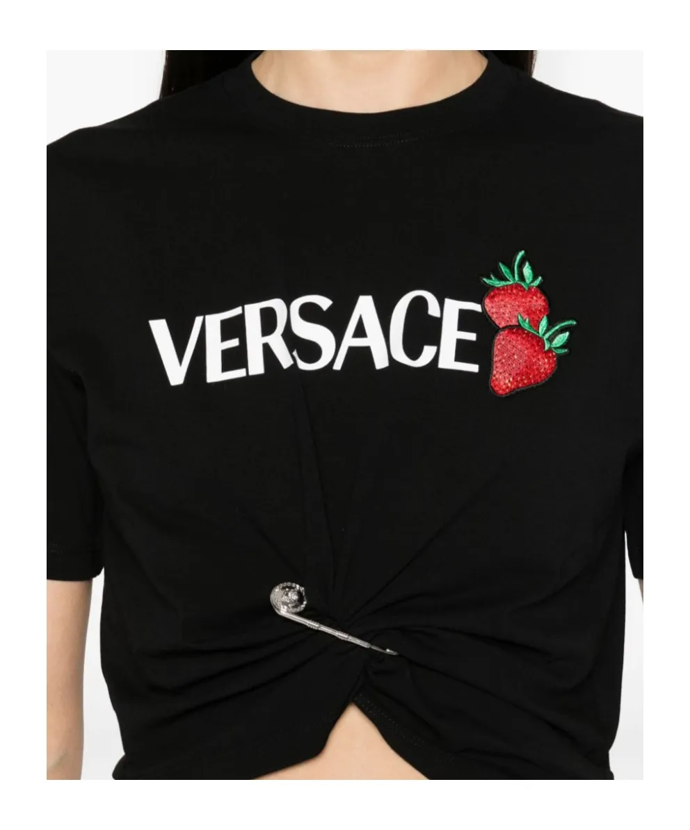 Strawberry-Motif Safety-Pin Detailed T-Shirt