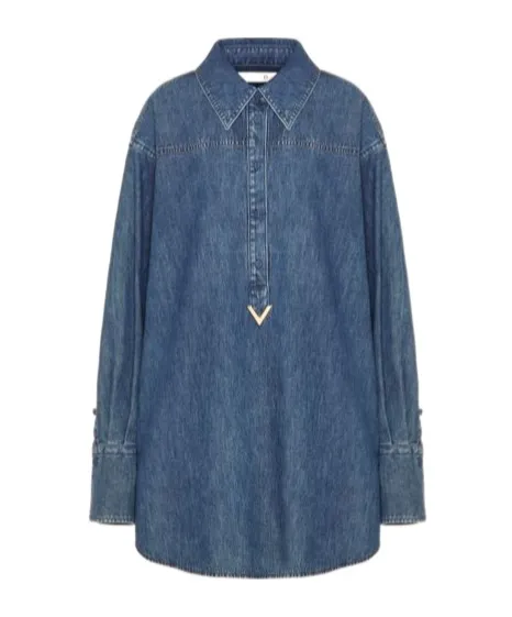 Vgold Curved Hem Denim Shirt Dress