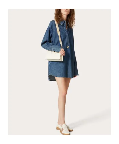 Vgold Curved Hem Denim Shirt Dress