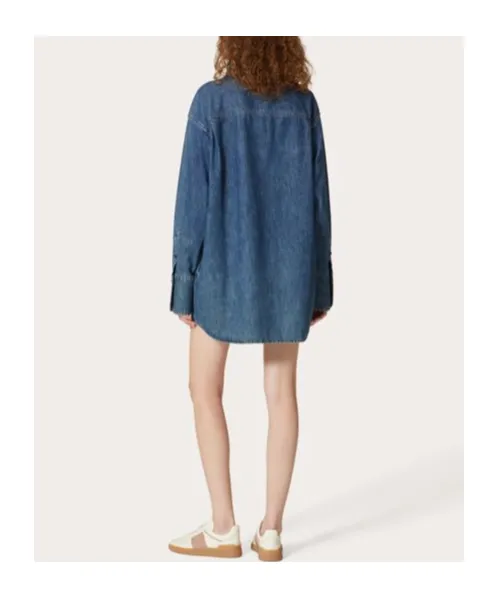 Vgold Curved Hem Denim Shirt Dress
