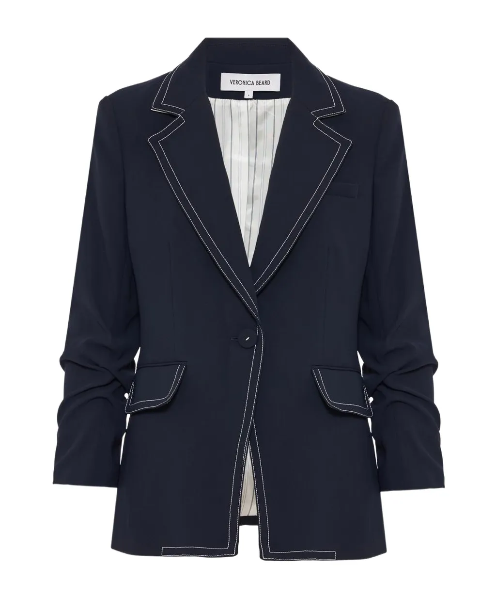 Contrast-Stitch Puff-Sleeves Blazer