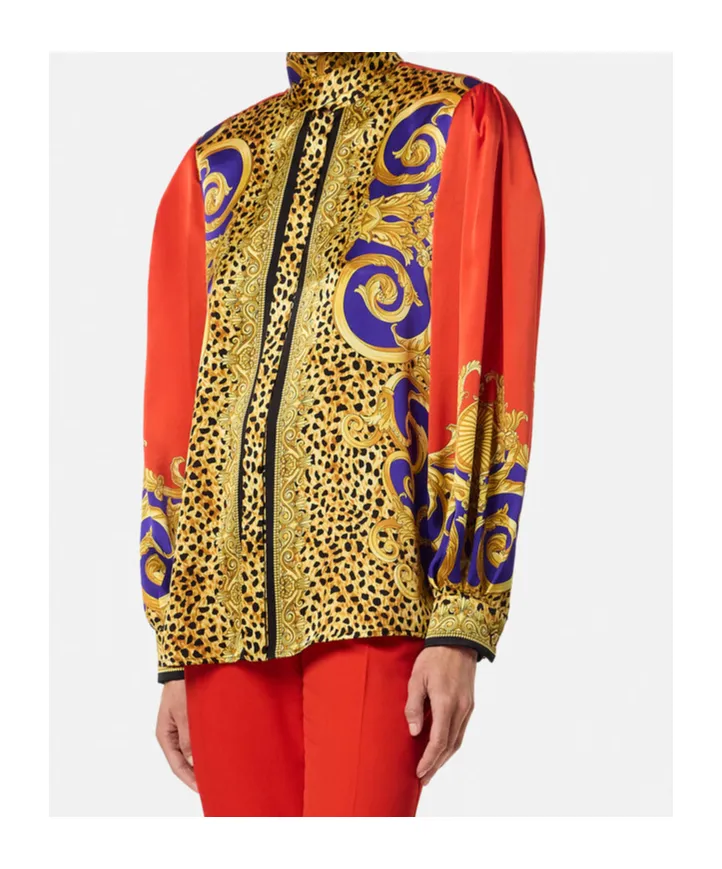 Baroque-Print Puff-Sleeve Top