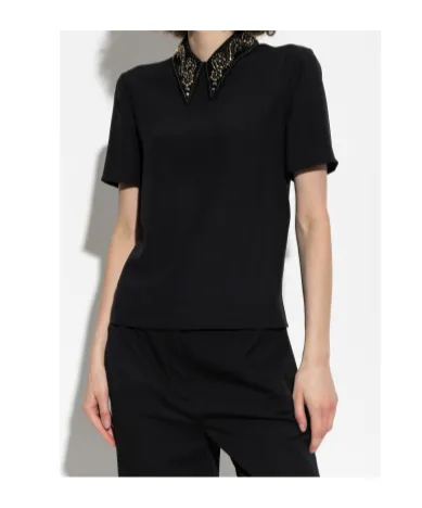 Embellished-Collar Short-Sleeve Blouse