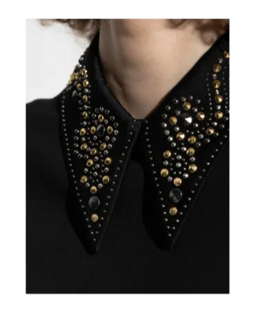 Embellished-Collar Short-Sleeve Blouse