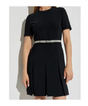 Crewneck Belted Embellished Dress