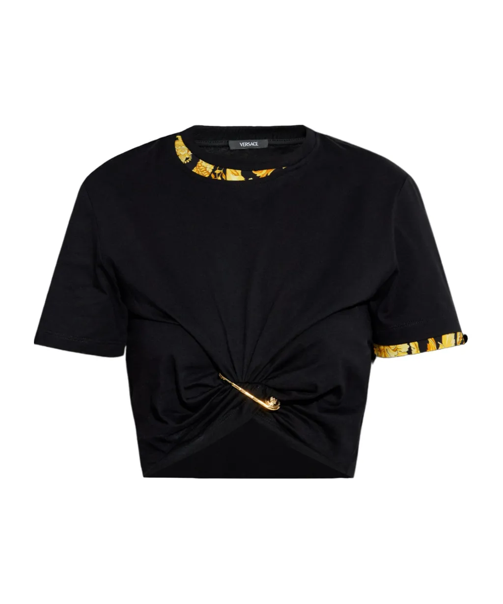 Safety Pin Detailed Cropped T-Shirt