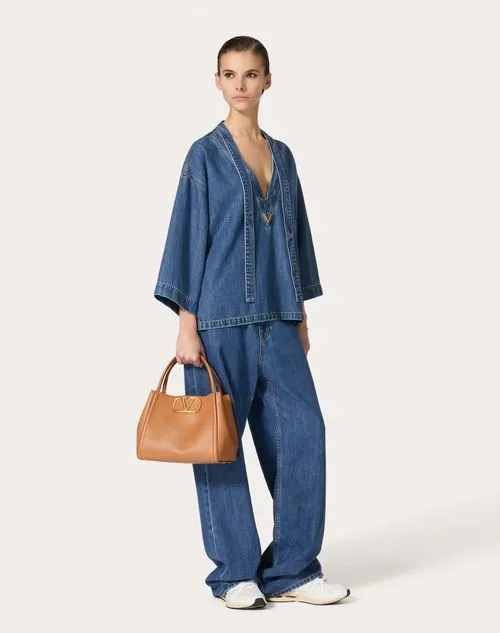 Logo Plaque V-Neck Denim Blouse
