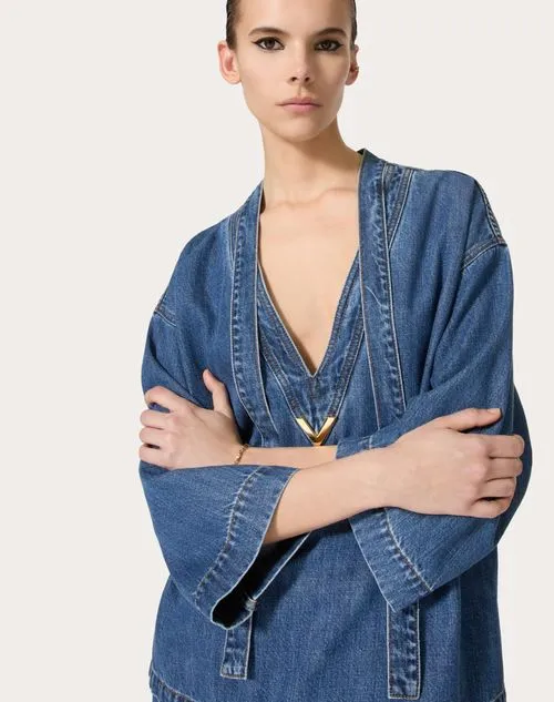 Logo Plaque V-Neck Denim Blouse