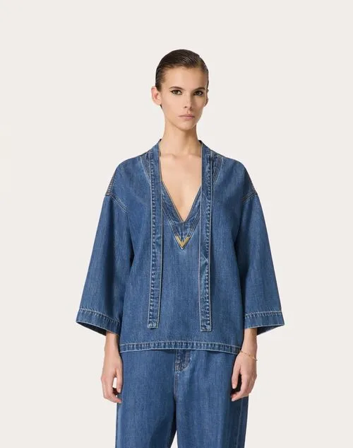 Logo Plaque V-Neck Denim Blouse