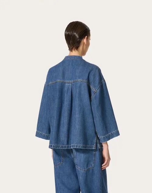 Logo Plaque V-Neck Denim Blouse