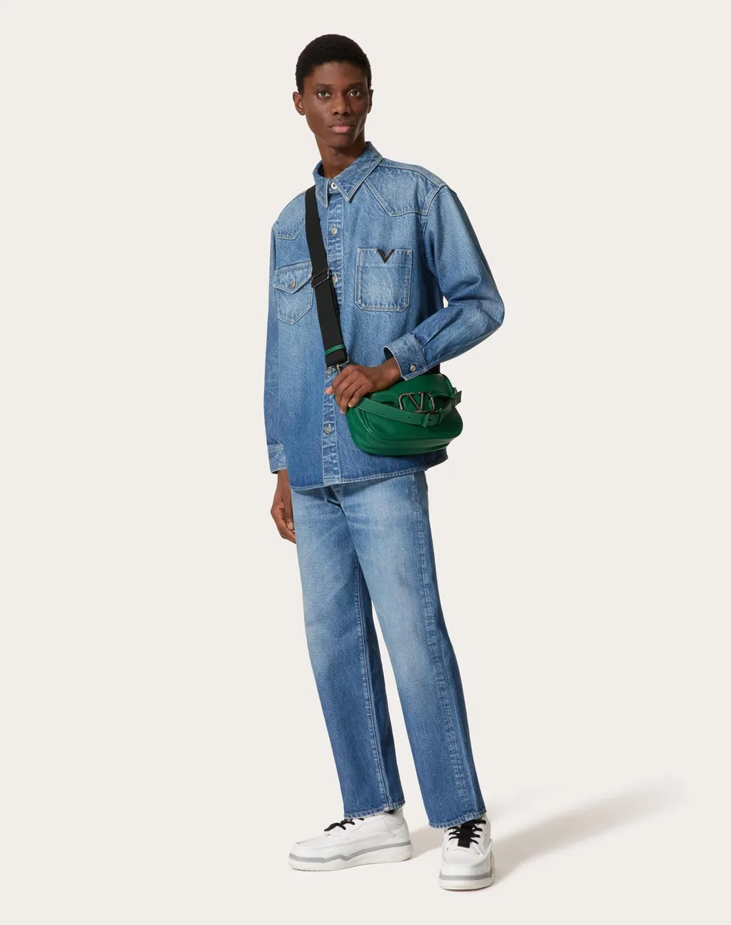 Denim Shirt With Metallic V Detail