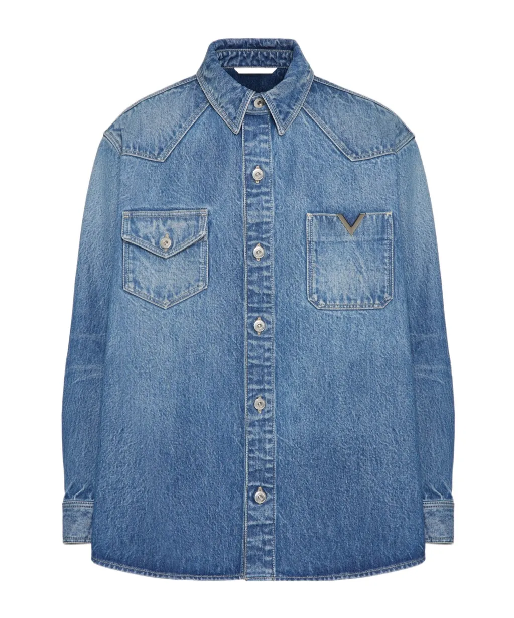 Denim Shirt With Metallic V Detail