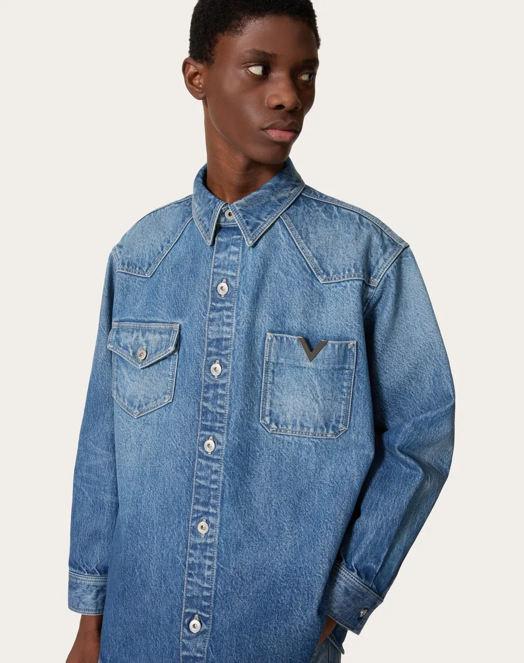 Denim Shirt With Metallic V Detail
