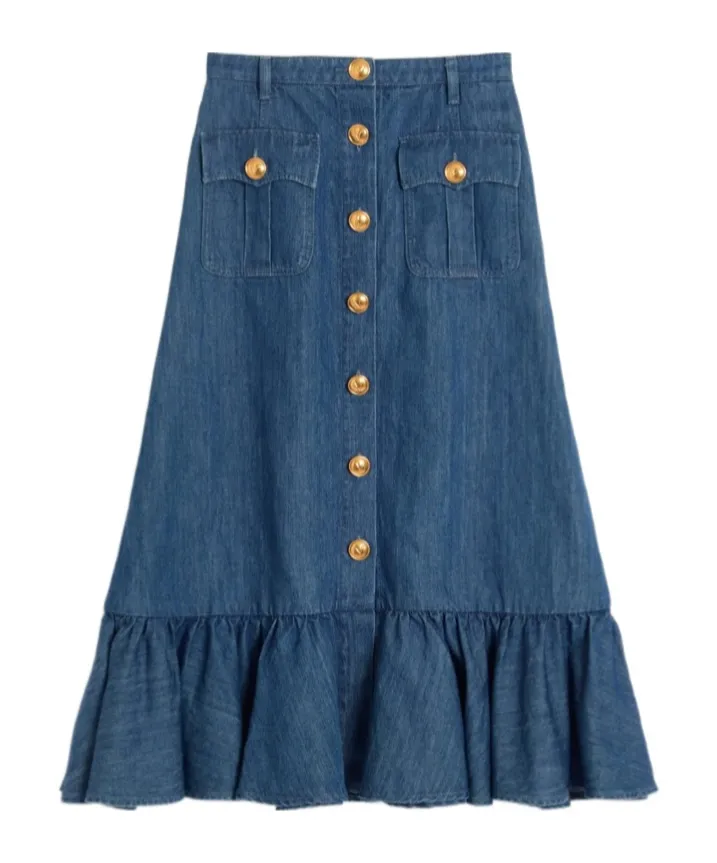 Button Detailed Flared Hem Denim Skirt