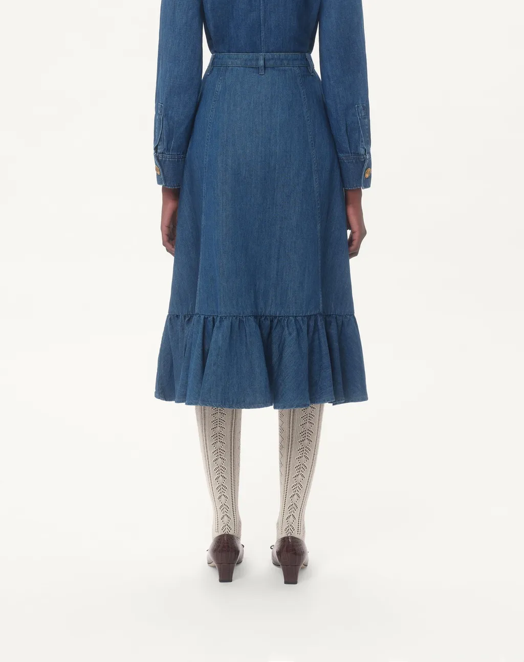 Button Detailed Flared Hem Denim Skirt