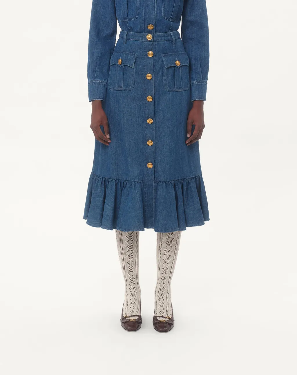 Button Detailed Flared Hem Denim Skirt