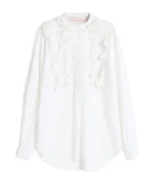 Embroidered Frilled Curved Hem Blouse