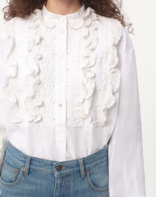 Embroidered Frilled Curved Hem Blouse